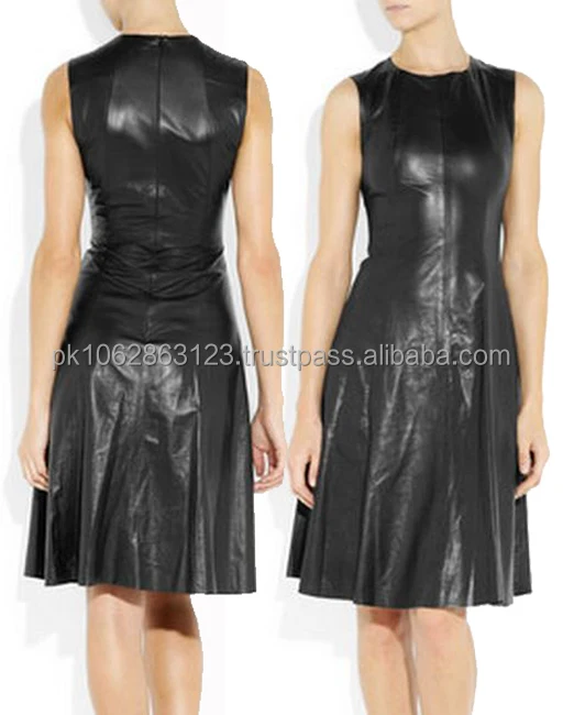 Fashion Women Black Bandage Dress Ladies Pu Dress Leather Short Sleeve