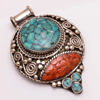 Naturel Corail Turquoise Pendentif En Pierres Précieuses,Argent Tibétain Népalais Antique Bijoux Désherbage Bijoux , Buy Pendentif En Pierres