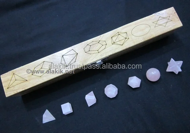 7pcs Rose Quartz Crystal Sacred Geometry Set w// Wooden Box Platonic Solids 1 SET