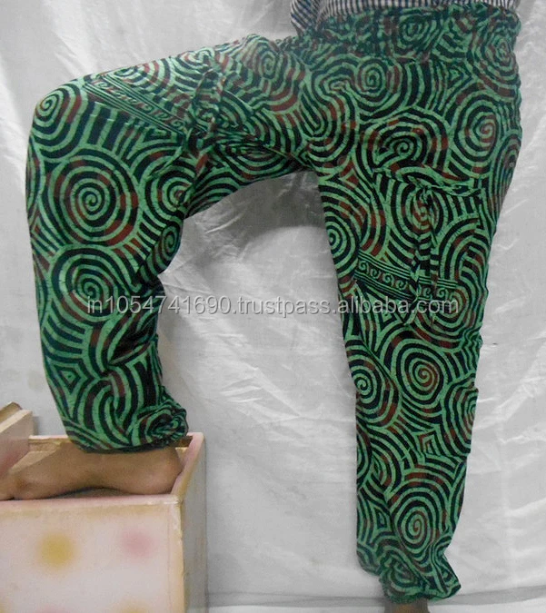 Om Print Green Men Harem Pants Indian Genie Gypsy Hippie AliBaba Baggy Trousers