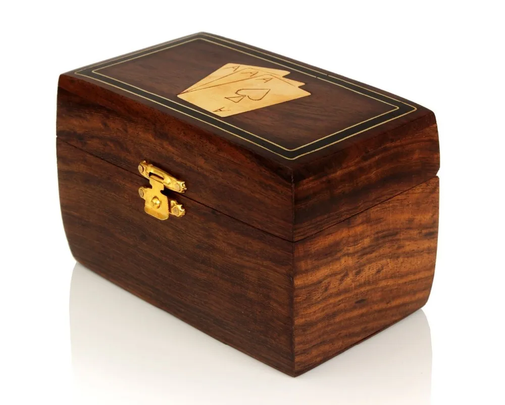 Decorative Wooden Double Deck Playing Cards Holder Box Game Case With
