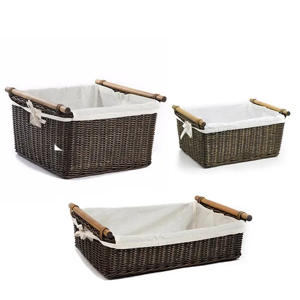 Pole Handle Wicker Storage Basket With Fabric Liner In Antique Walnut
