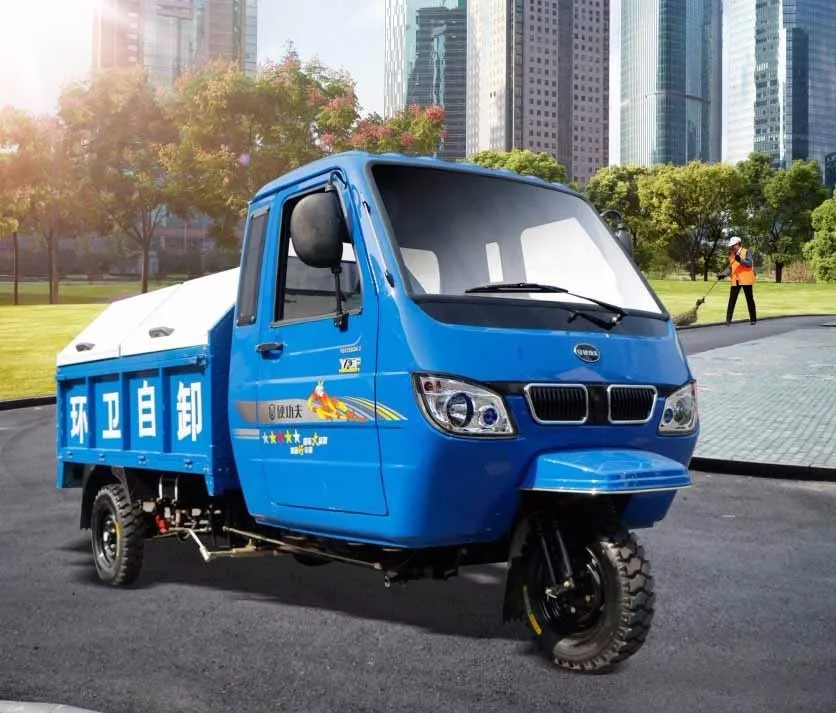 motorized gas powered three wheel sanitation tricycle with dump with closed cabin