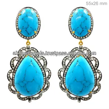 14k Gold Diamond Designer Gemstone Dangle Earrings Pear Shape 14k Gold Diamond Designer Gemstone Dangle Earrings Pear Shape Turquoise Handmade Silver Jewelry