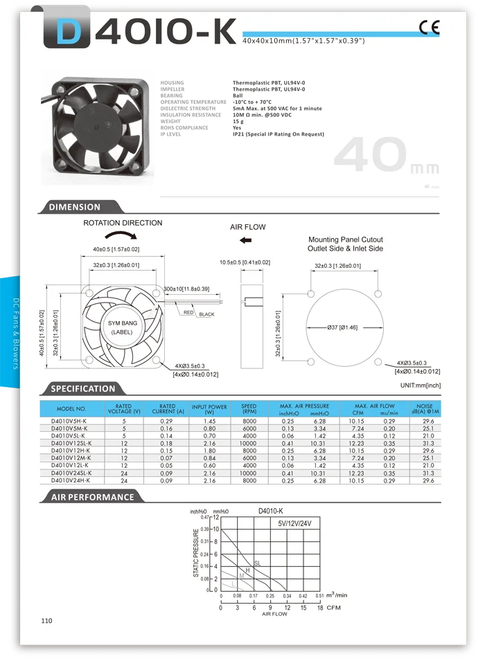 D4010-K 5 В тихий 40 мм вентилятор dc