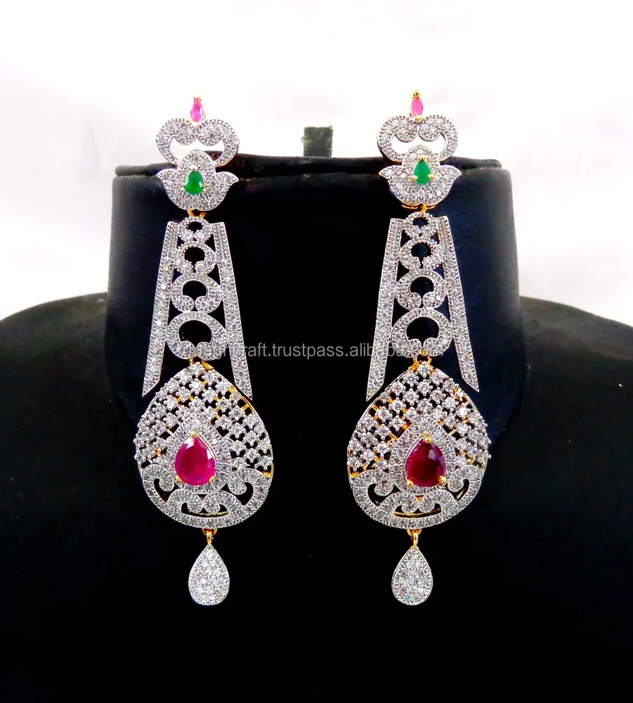 American Diamond Earring Whole Party Wear Cz Cubic American Diamond Earring Whole Party Wear Cz Cubic Zirconia Hanging Earrings Gold Jhumka