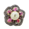 Pave Diamond Ruby and Pearl Cocktail Ring 925 Silver Fashion Jewelry