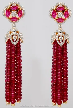Hanging Red Ruby Beads Earrings Set Beaded 18k Hanging Red Ruby Beads Earrings Set