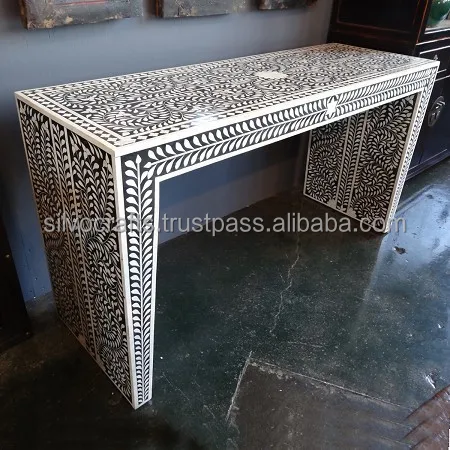 Indian Moroccan Style Camel Bone Inlay Console Laptop Table