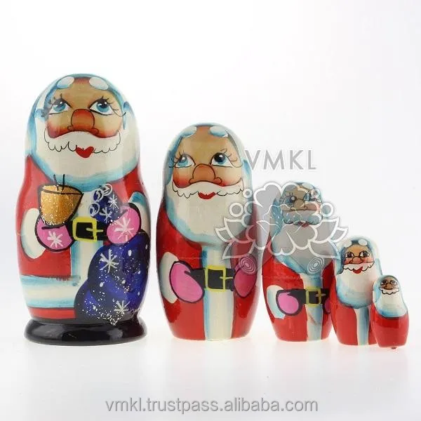 Christmas Santa in glasses WOOD RUSSIAN NESTING DOLL 5 PCS#10s