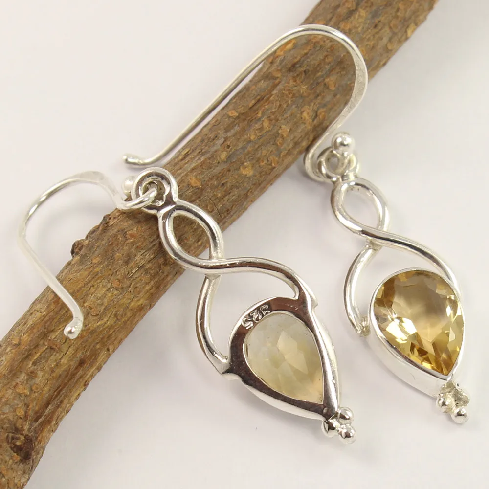 925 Sterling Silver Jewelry Natural Citrine Drop Gemstone Earrings 1 1/