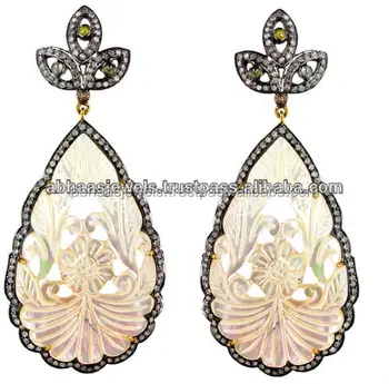 14k Gold Mother Of Pearl Earrings Silver Diamond Designer Carving 14k Gold Mother Of Pearl Earrings Silver Diamond Designer Carving Gemstone Dangle Handmade Jewelry
