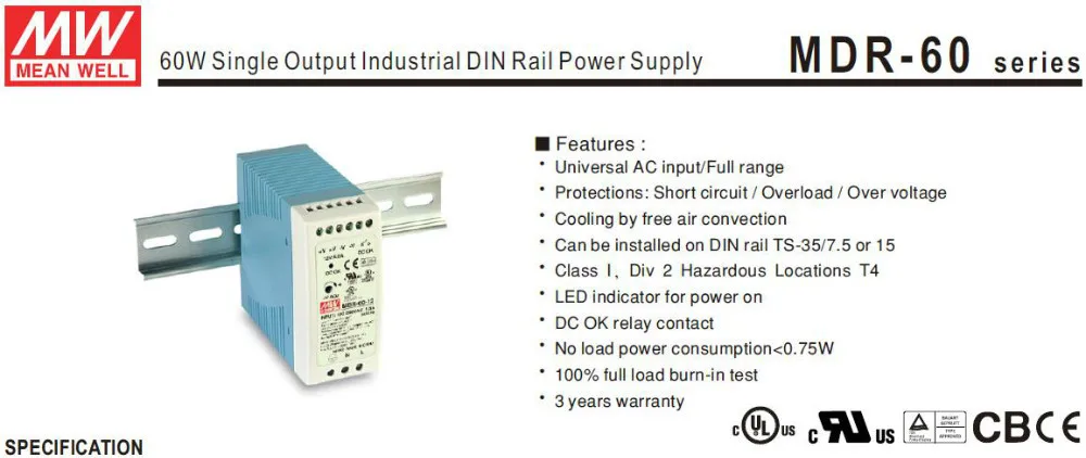 MDR-60-24 Single Output Taiwan Mean Well 60W 24V industrial din rail power supply