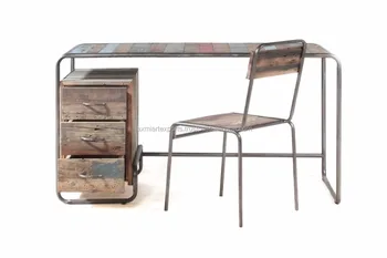 Loft Style Industrial Reclaimed Wood 3 Drawer Slim Study Table