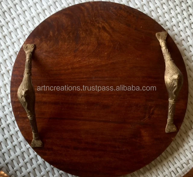Whole Round Wooden Serving Tray With Metal Brase Handles Whole Round Wooden Serving Tray With Metal Brase Handles Antique Trays Wood