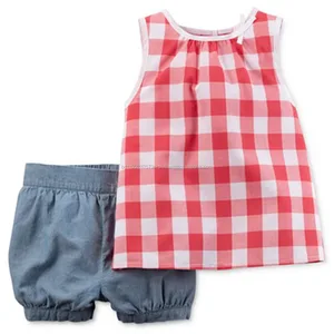 Super sale and custom classic set 100% Ctn, Children Girls Set, Vest with Woven Stripe Fabrics and Pant with Denim Solid Fabrics Super sale and custom classic set 100% Ctn, Children Girls Set, Vest with Woven Stripe Fabrics and Pant with Denim Solid Fabrics
