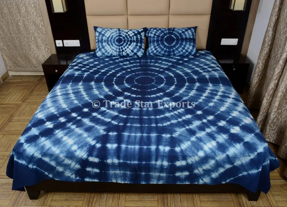 Indian Tie Dye Shibori Bedspread Cotton Indigo Bedding With Two Pillow Covers 