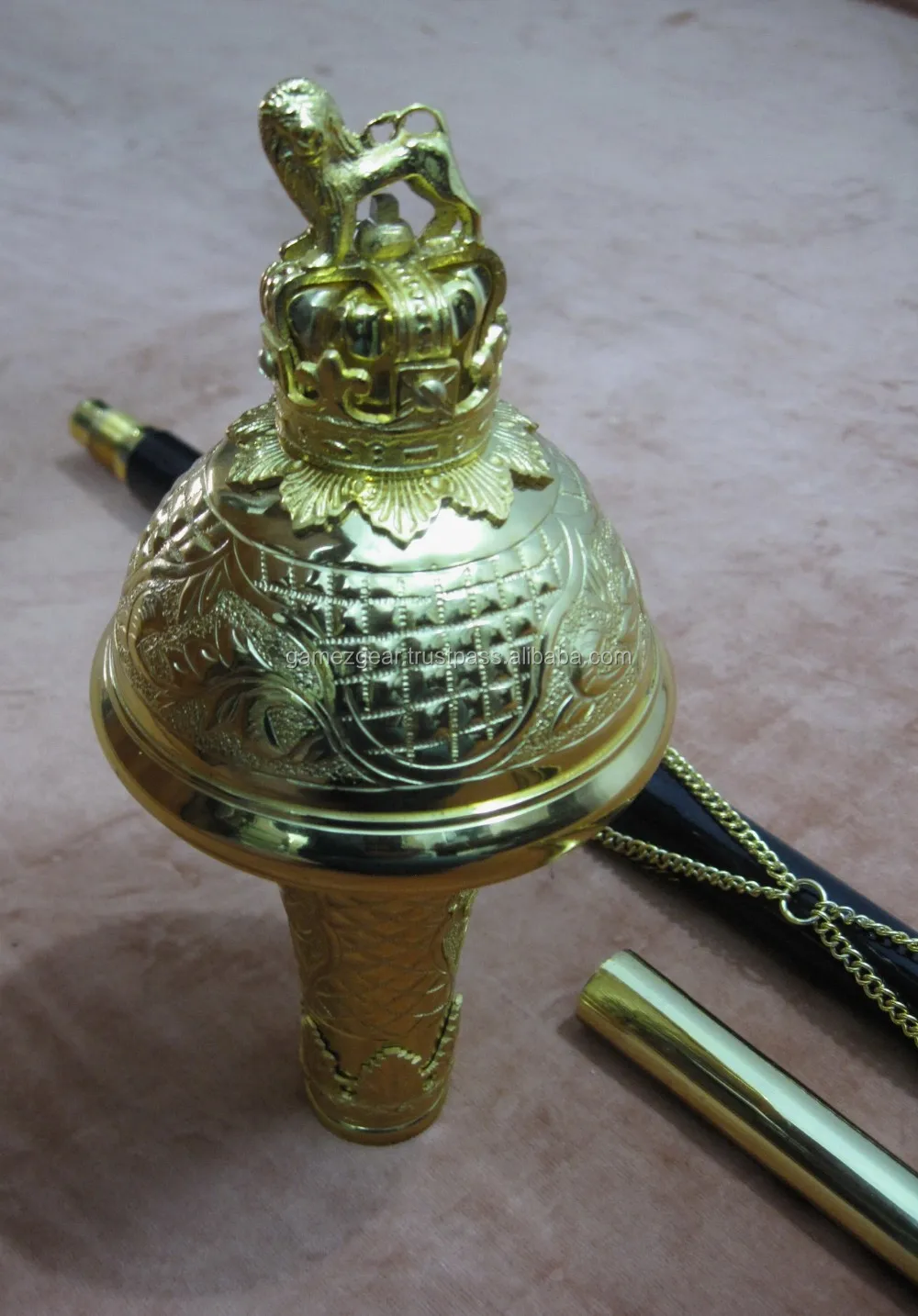 Drum Major Mace Poles Engraved Head With Lion (gold Plated) 60" Black