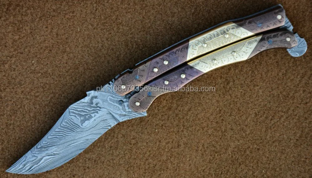 Kustom handmade baja Damaskus pisau lipat dengan terukir 