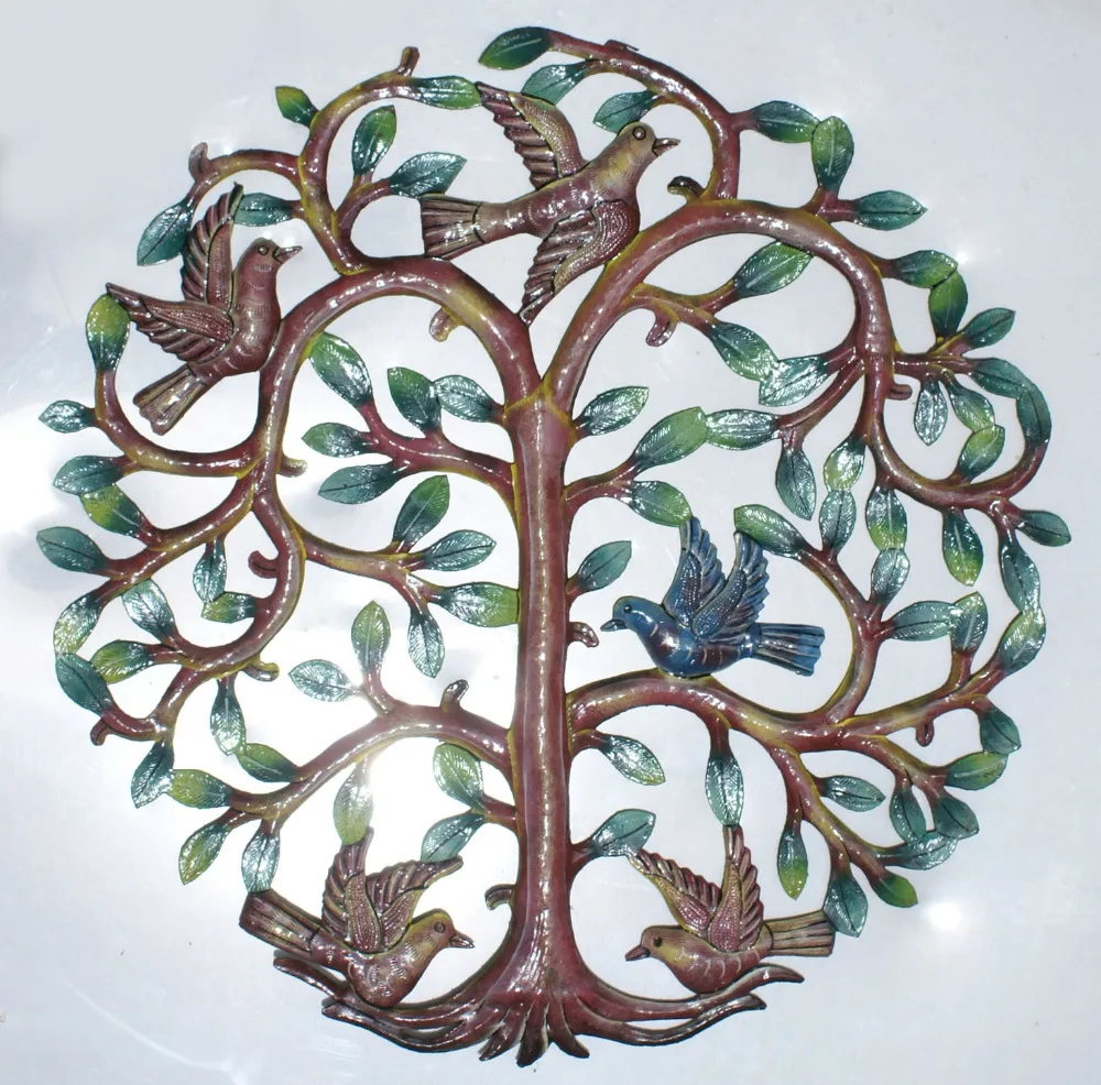 Colored Tree Of Life Wall Art With Birds Paintings Metal Decor