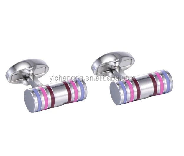 Stainless Steel Cylinder Cufflinks for Men with Purple Pink and Burgundy Stripes.png