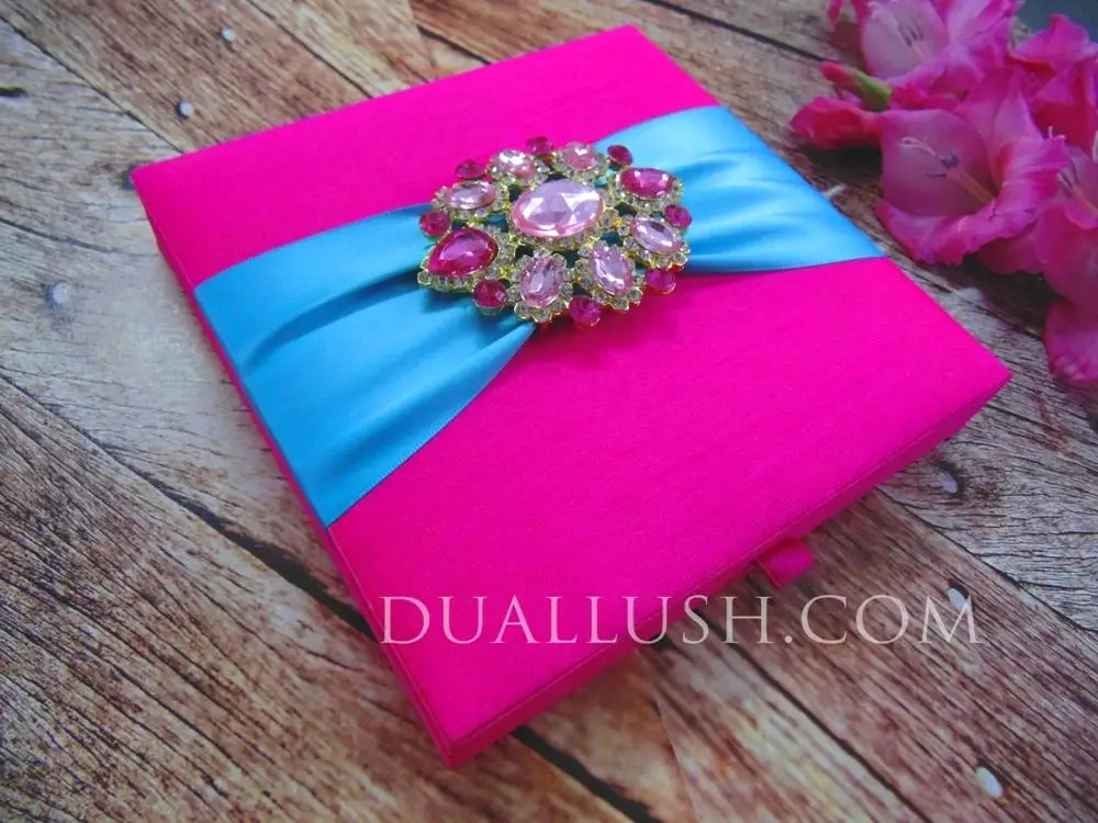 Luxury Wedding Invitation Box Silk T Box Hot Pink Silk With Brooch And Tiffany Blue Ribbon