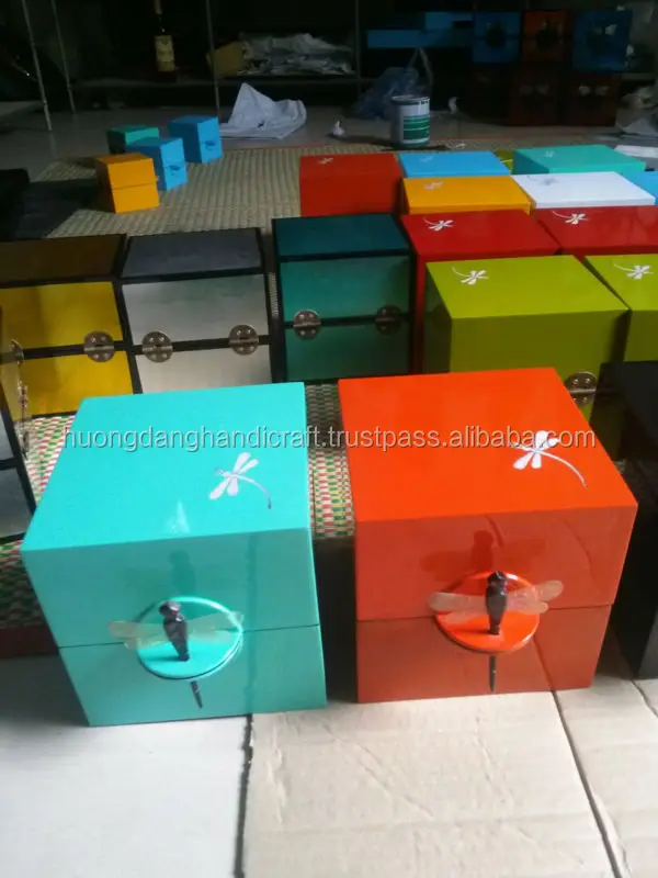 Beautiful Polished Light Orange Lacquer Jewelry Box Have 4 Department And Dragonfly Key,Elegant