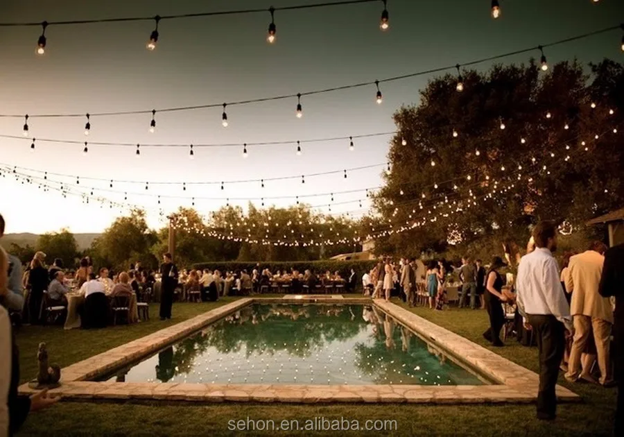 Decorative-outdoor-string-lights-with-pool