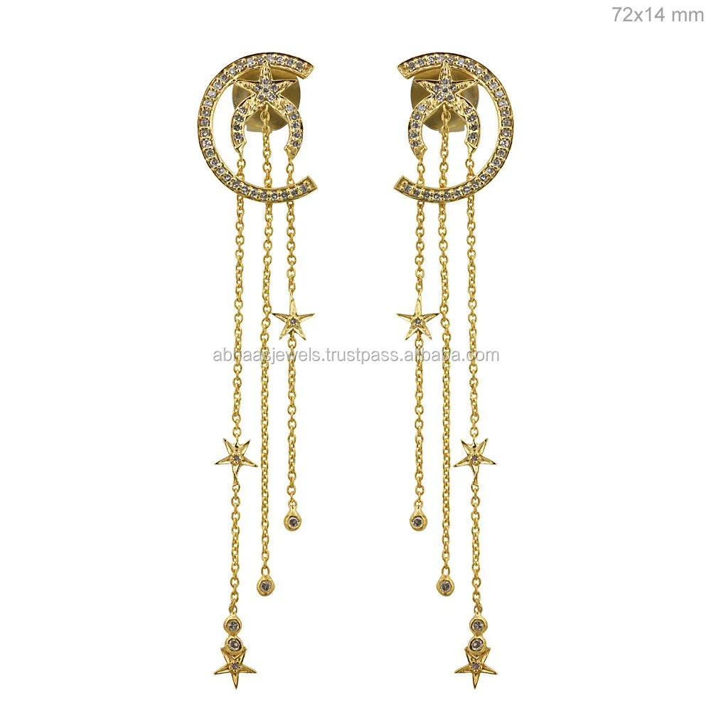 18k Solid Gold Original Drop Earrings Pave Diamond Long Design Inspired