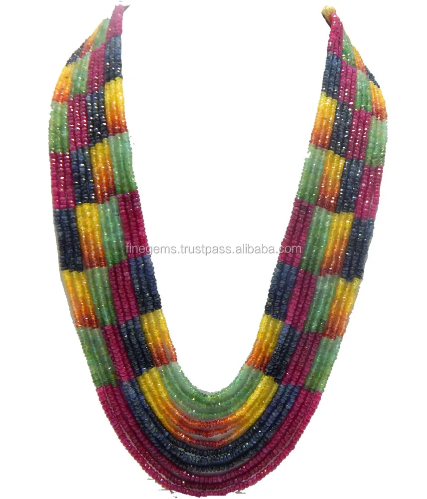 faceted rondelle beads carpet design necklace natural multi sapphire ruby emerald gemstone