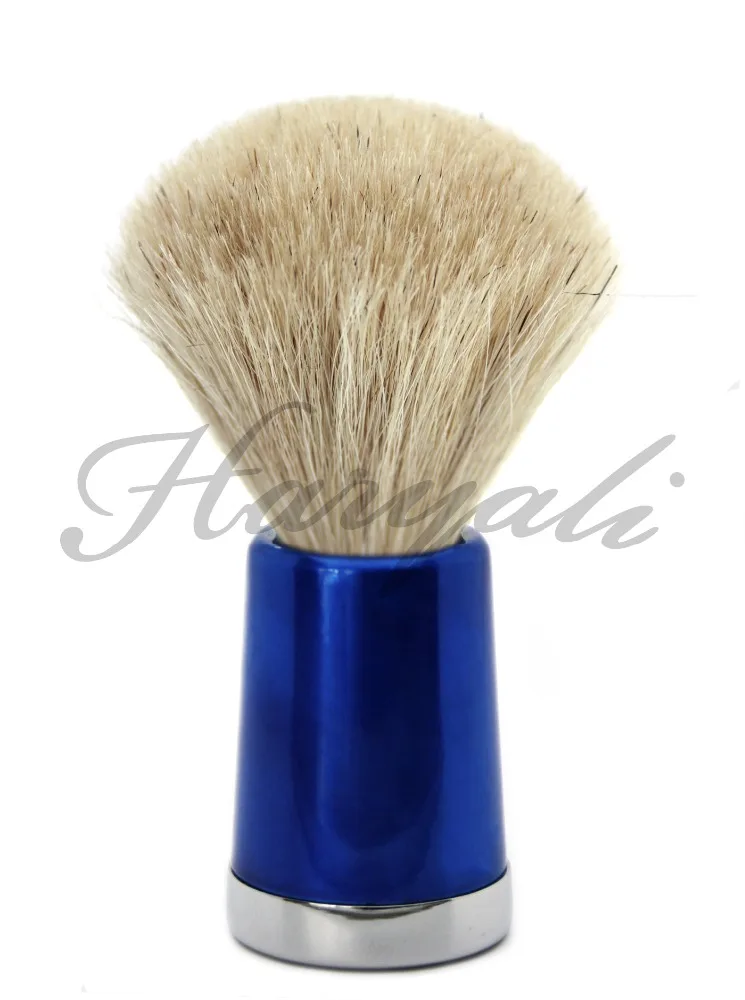 long blue handle shaving brush for mens with white badger hair.