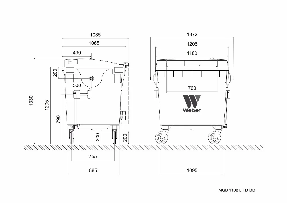 1100 Litre Outdoor Waste Bin,Four Wheeled Large Refuse Container