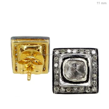 Indian Rose Cut Diamond Stud Earrings Sterling Silver Square Shape