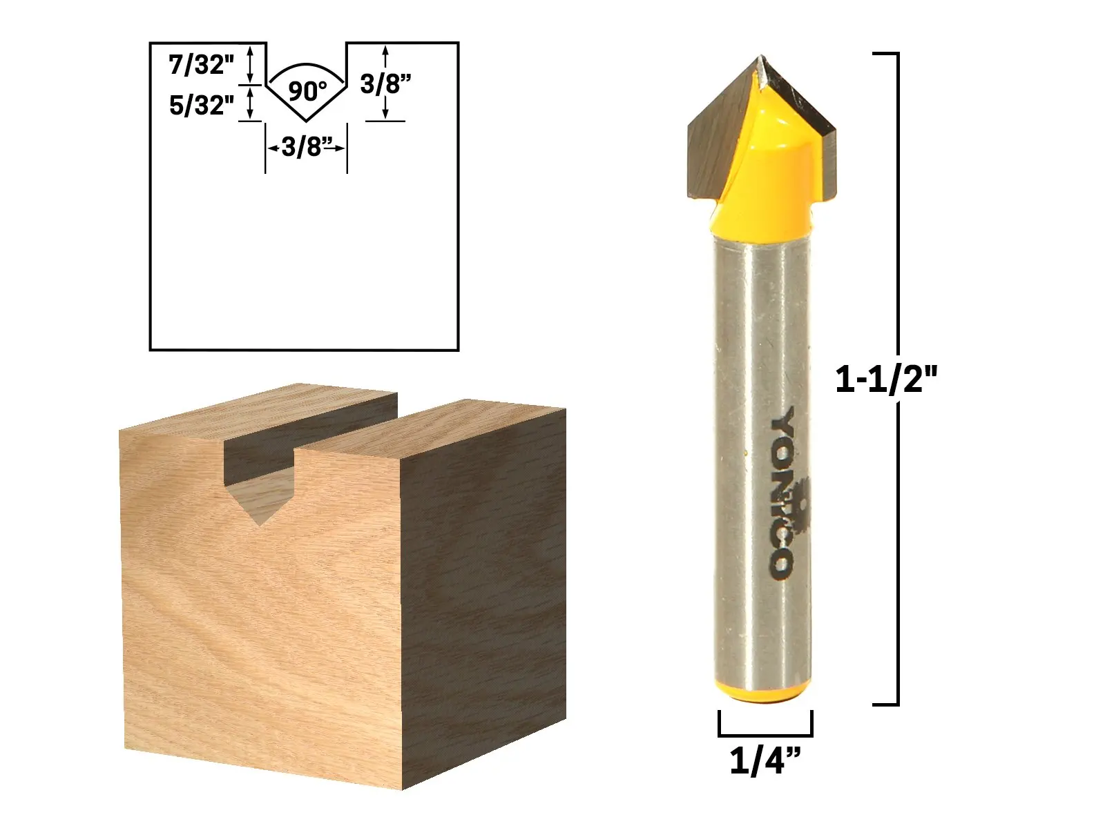 Yonico 14989q 90-Degree V Groove Router Bit with Shank Bearing and 1//2-Inch x 5//8-Inch 1//4-Inch Shank