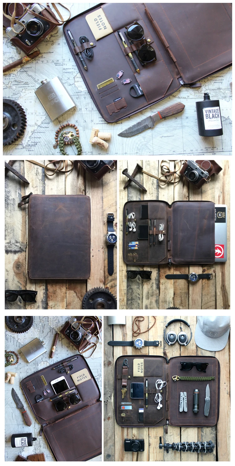 Fits A4 file documents travel vintage leather briefcase business men zipper organizer leather portfolio file folder 