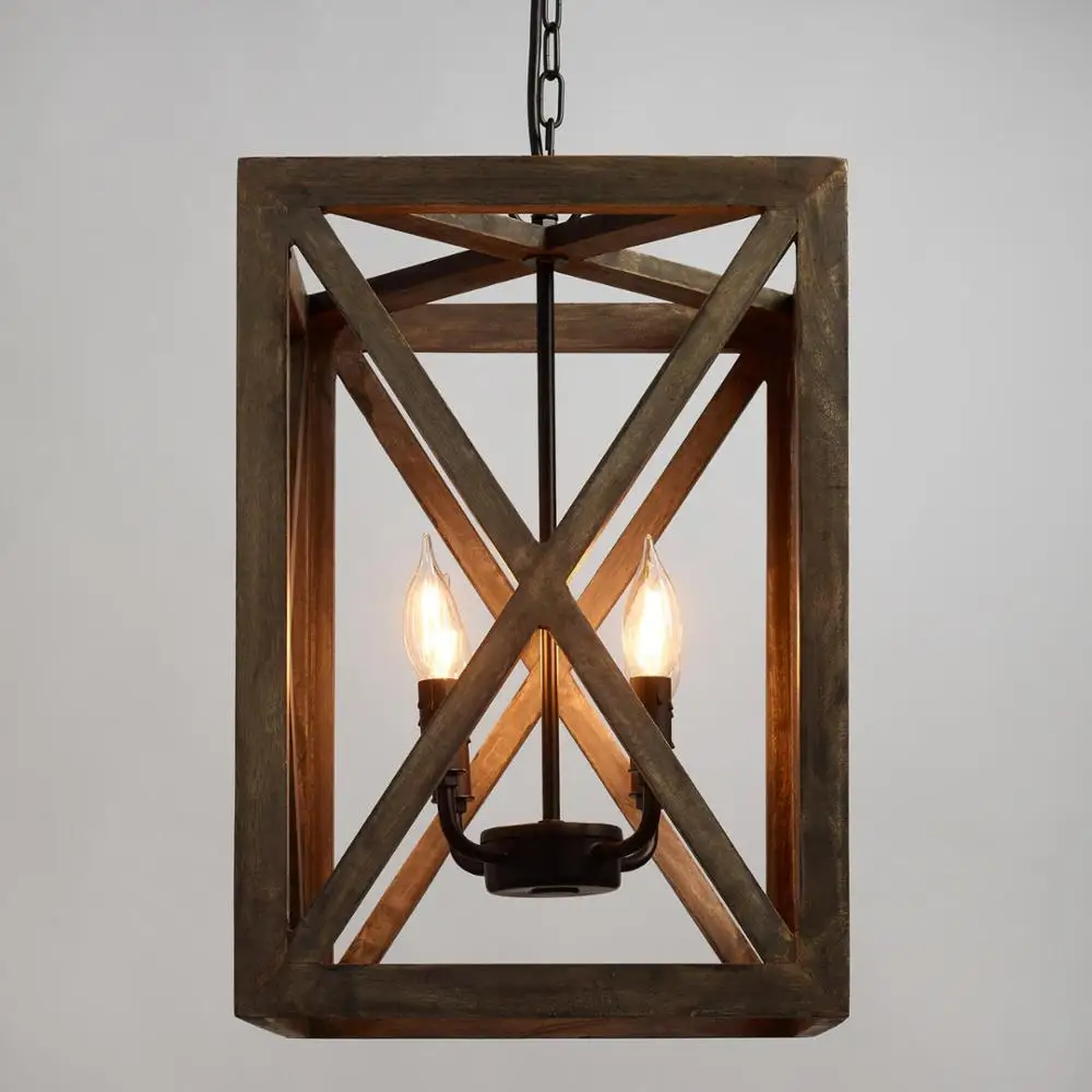 Industrial Wood Frame Drop Down Ceiling Lights. Vintage Mango Wood Ceiling Lamp