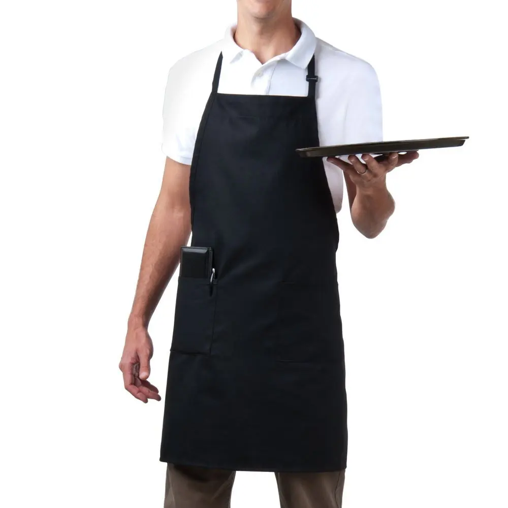 Bib Aprons-MHF Brand-1 Piece-new Spun Poly-Commercial Restaurant Kitchen- Adjustable-Full length-3 Pockets (Black)