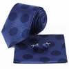 Men Blue Polka Dot Tie 100% Silk Jacquard Woven Cufflinks Hanky Set Ties For Men
