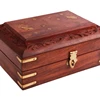 Store Indya Beautiful Hand Carved Wooden Jewelry Box with Brass Inlay & Velvet Interior
