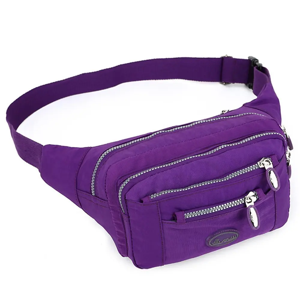 TOP-UP women's Solid Color Fanny Pack,Nylon Waist Bag 5 Zippered Compartments Tour Lumbar Pack Sports Bag