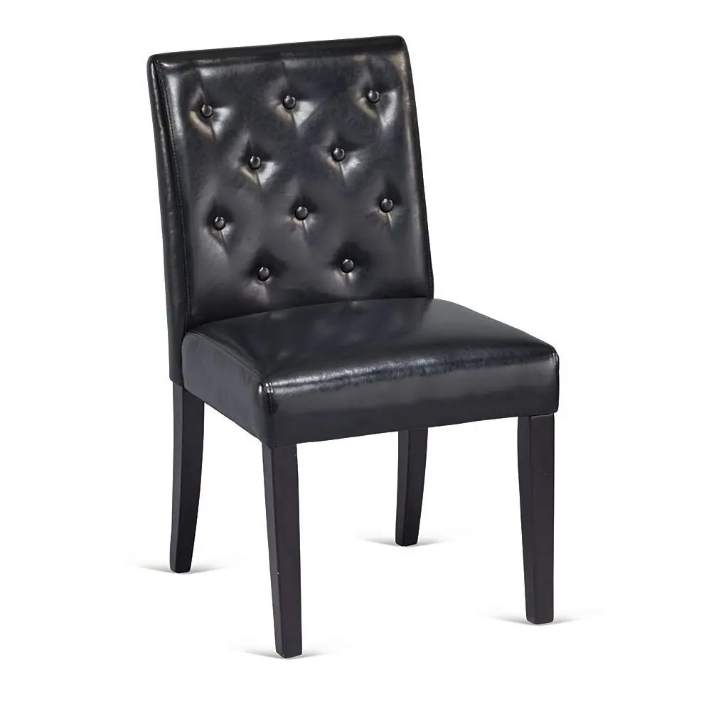 Tufted Armless Guest Chair in Faux Leather Dimensions: 21.25"W x 26.38"D x 35.24"H Seat Dimensions: 21"Wx19.5"Dx18.5"H Weight: 29 lbs. Black Faux Leather/Espresso Wood Finish Legs