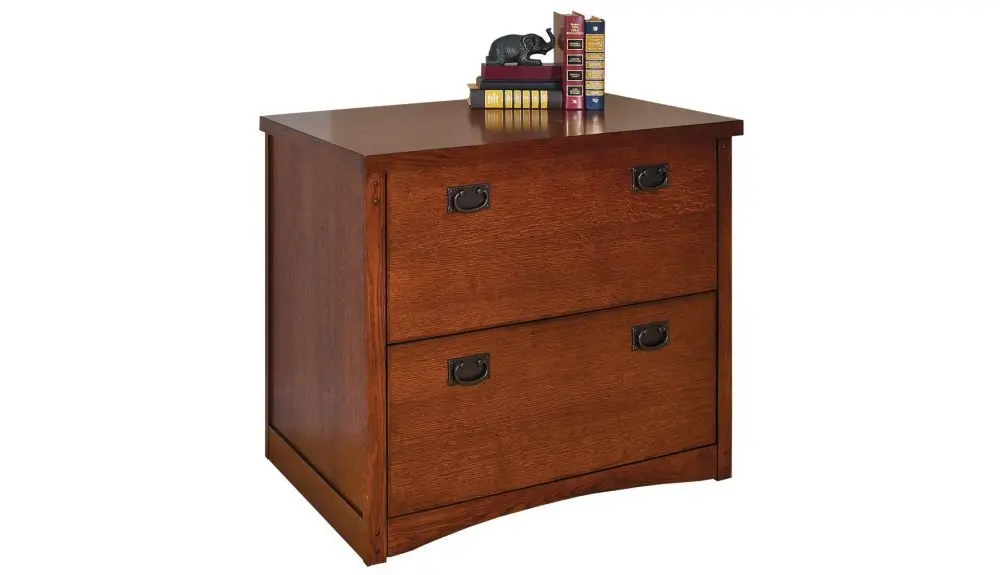 Mission Pasadena Two Drawer Lateral File - 34"W x 19.5"D x 29"H Mission Oak Finish Dimensions: 33.75"W x 19.5"D x 29"H Weight: 149 lbs.