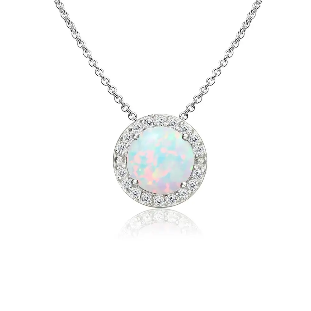 Necklace Sterling Silver Opal Halo Pendant 925