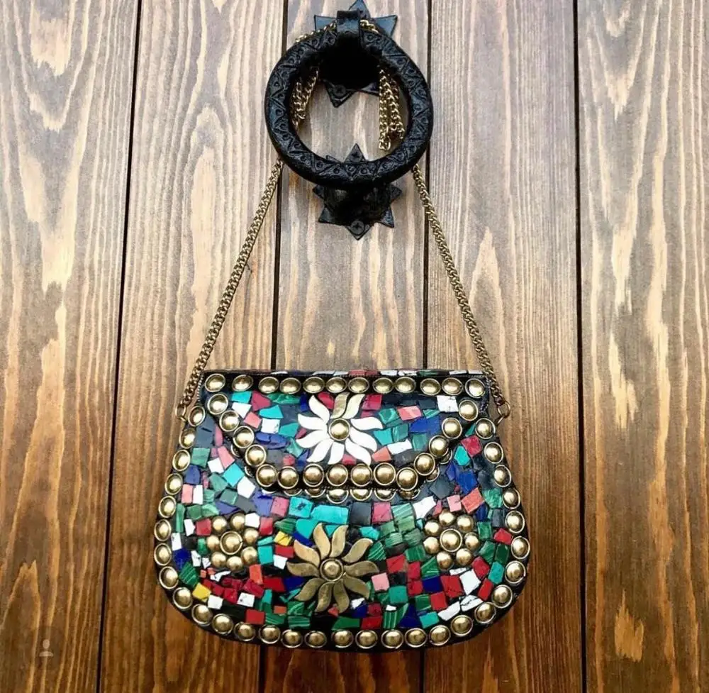 Jiya Fait à la main en métal argenté ethnique embrayage mosaïque pierre Shell sac à main sac à main pour les femmes sac de fête accessoires d/'occasion spéciale