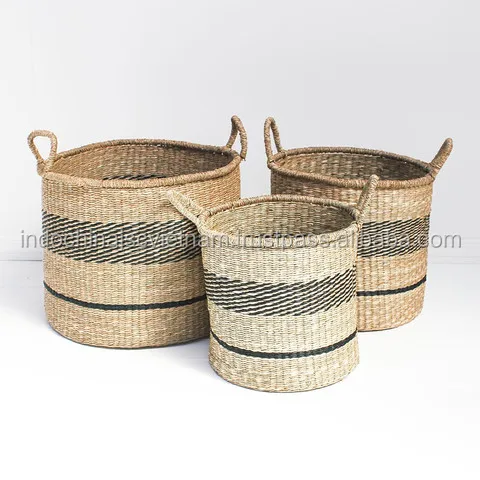 unique long shape seagrass weaving basket with handles