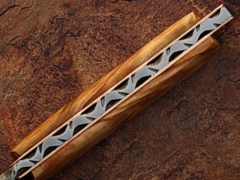 custom handmade damascus steel 10" tanto flip knife with wood