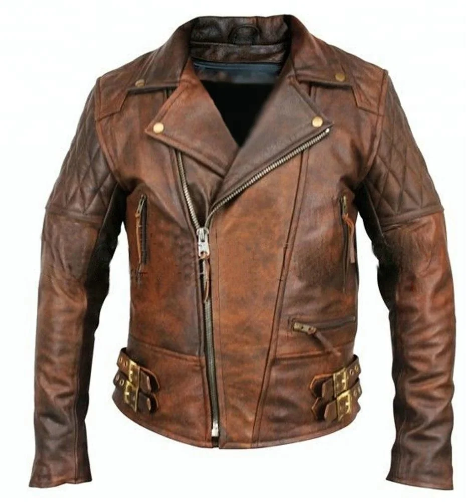 Distressed Brown Motorcycle Real Sheepskin Leather Biker Jacket