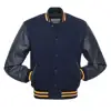 Men Custom Navy Blue Wool And Leather Bomber Style Baseball Varsity Jacket with Quilted Lining