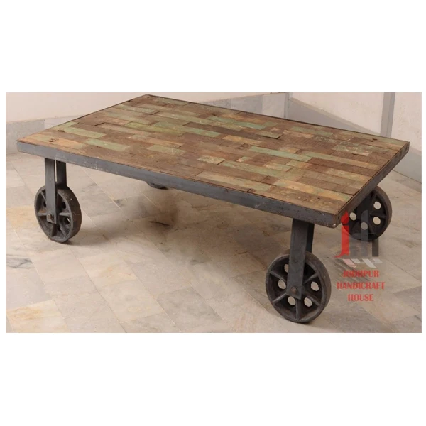 Vintage Reclaimed Wood Iron Made Cart Coffee Table With Wheels Living Room Tables Wrought Vintage Reclaimed Wood Iron Made Cart Coffee Table With Wheels Living Room Tables Wrought