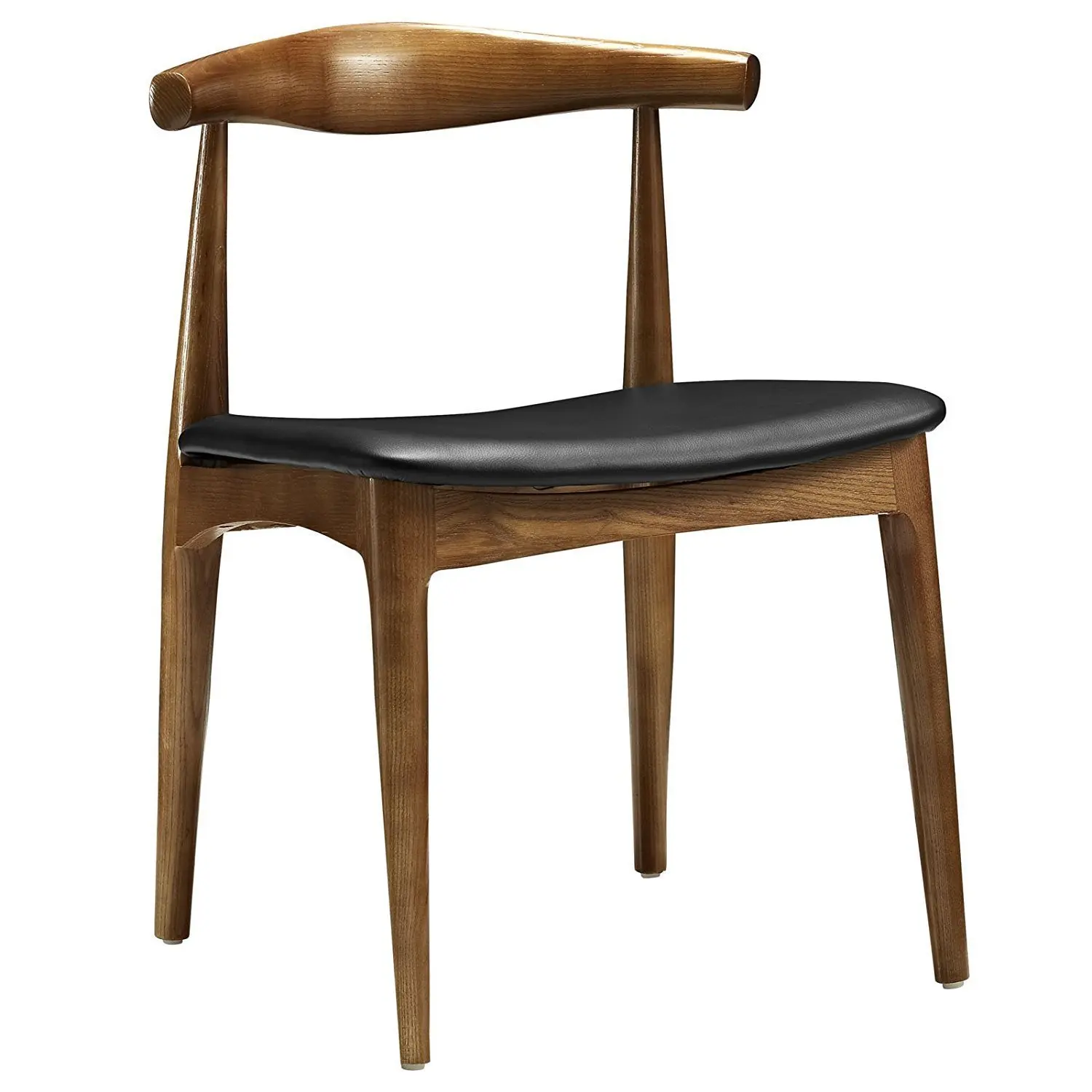 Hans Wegner Style Elbow Dining Chair, Black Faux Leather/Ash Wood Frame in Walnut Stain Dining Side Chair with Black PU Seat Cushion Walnut Finish-Set of 2